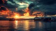 © atar - Dramatic Sunset over Cargo Ships in Port. Concept of Shipping, Trade, and Industry.