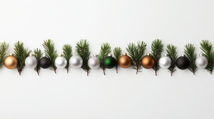 Wall Mural - Christmas ornaments and pine branches on white background. (1)