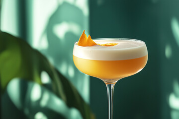 Wall Mural - glass of yellow liquid with a slice of orange on top. The glass is in a plant