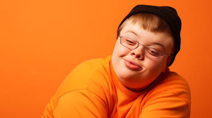 Portrait of smiling laughing teenager boy with Down syndrome orange background.