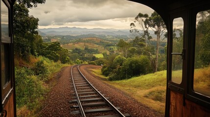 Poster - A scenic view from the back of a train car overlooking lush landscapes and winding tracks during a cloudy afternoon