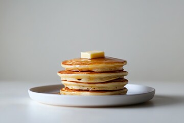 Poster - A minimalist view of three golden pancakes stacked with a pat of butter and syrup on a neutral background