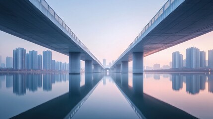 Poster - A minimalist concrete bridge crosses a serene river, reflecting the skyline during early morning light in a modern urban area