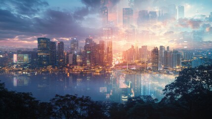Aufkleber - A vibrant city skyline at dusk reflecting on water with a blend of colors and clouds above