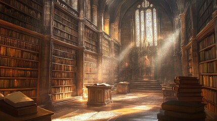 Poster - Discover the enchanting atmosphere of a dusty ancient library filled with towering shelves and warm sunlight filtering through stained glass