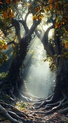 Aufkleber - Majestic ancient trees tower in a sunlit forest, their roots intertwining amidst a serene and enchanting atmosphere