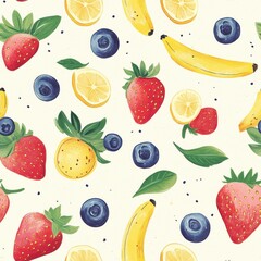 Poster - A bright, colorful pattern of fresh strawberries, bananas, lemons, and blueberries on a light backdrop, ideal for summer décor