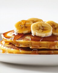 Poster - Deliciously stacked golden pancakes topped with caramelized bananas and syrup served on a white plate