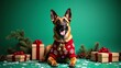 © Lzanne Studio - a cheerful belgian malinois dog its fur a rich brown Christmas theme background