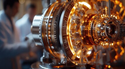 Poster - a detailed close-up of a particle collider model showcasing intricate mechanisms and illuminated com