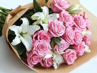 Poster - A close-up view of a stunning bouquet featuring vibrant pink roses and white lilies, beautifully wrapped for a special occasion