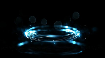 Poster - bright blue circular light pattern on a dark background with glowing effects and sparkles creating a