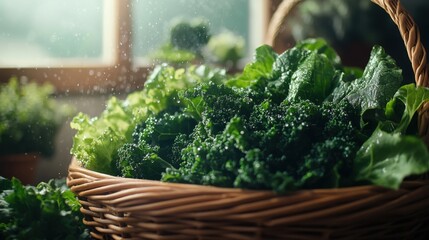 Poster - A lush basket filled with fresh leafy greens in a sunlit kitchen, showcasing vibrant textures and colors of healthy produce