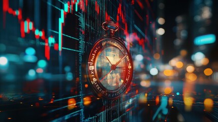 Aufkleber - A striking digital double exposure of a stopwatch surrounded by financial market data at night