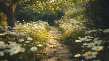 Poster - A lovely rustic path meanders through a flower-filled meadow, inviting exploration on a sunny afternoon
