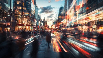 Fototapete - Bustling city street at dusk filled with people and vibrant lights reflecting the energy of urban life