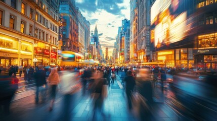 Fototapete - A vibrant city street bustling with life as dusk settles, featuring people and bright lights in a dynamic urban environment