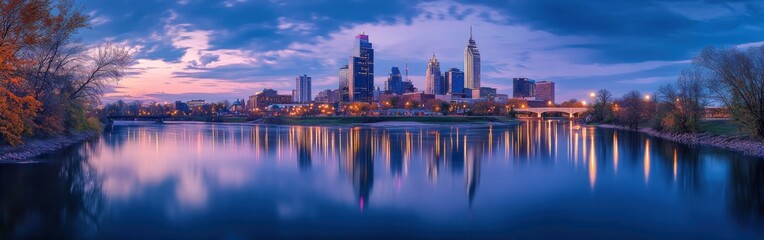 Poster - A stunning panoramic view of Indianapolis at dusk, showcasing the skyline reflected in the calm waters below
