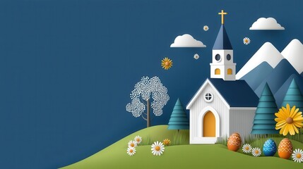 Wall Mural - of a charming white church building with a tall steeple and cross on top set against the backdrop of majestic mountains and a pastoral countryside landscape under a calm