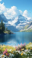 Poster - A stunning view of Glacier National Park highlighting turquoise waters, vibrant wildflowers, and majestic mountains during a sunny day in summer