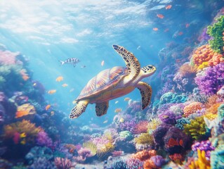 Poster - A graceful sea turtle gliding through vibrant coral reefs in crystal-clear tropical waters during a sunny day