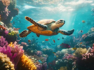 Poster - A vibrant green sea turtle gracefully swims above colorful coral reefs in a stunning underwater world