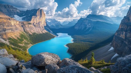 Poster - Discover the stunning beauty of a glacial lake surrounded by majestic mountains and vibrant forest in this breathtaking landscape