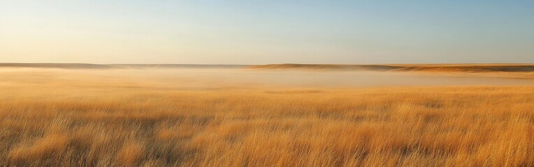 Poster - A beautiful sunrise over the golden grasslands of the Great Plains in early morning light with soft mist rising from the ground