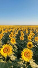 Poster - A colorful sunflower field stretches under a clear blue sky, showcasing nature's beauty during a sunny afternoon in late summer