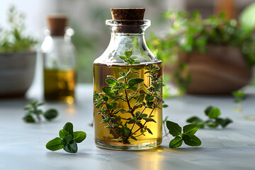 Fresh Basil and Oregano Leaves inside a Glasses Bottle. Aromatic Herbs for Culinary and Natural Concepts, Food Blogs, Recipes, E-commerce, Cookbooks, Ads, Social Media, Health Websites, Spice Branding