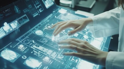 Poster - Scientist using futuristic touchscreen interface.