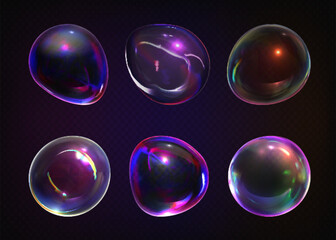 Poster - Realistic 3d glass spheres featuring soap bubble iridescent effect. Collection of transparent orbs displaying rainbow reflections, light refractions and luminous highlights on dark background.