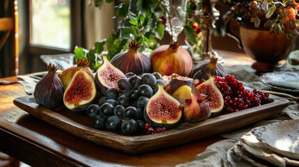 Poster - Elegant rustic table setting with fresh figs, pomegranates, and grapes illuminated by soft evening light