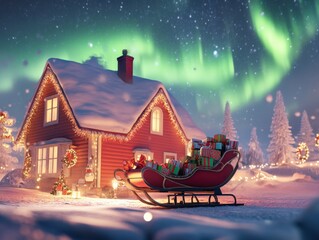 Poster - Magical scene of Santa's sleigh parked outside a cozy house under the Northern Lights on a starry night