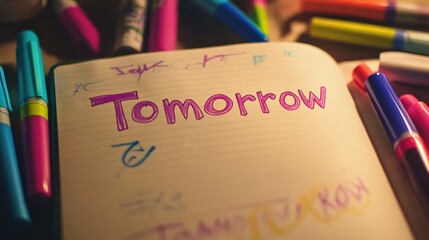 Poster - Inspiring journal with motivational quotes and colorful markers creating a creative atmosphere for next day's plans