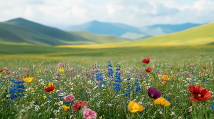Aufkleber - Vibrant wildflower field blooming under the sun with rolling hills in the background