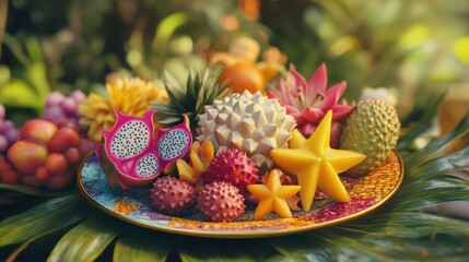 Aufkleber - Exotic fruit arrangement featuring dragon fruit, star fruit, and lychee on a colorful plate in a tropical garden
