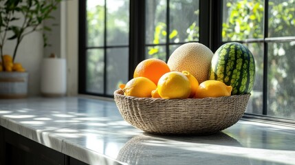 Poster - Decorative fruit basket featuring melons, oranges, and lemons on a marble countertop in a bright modern kitchen