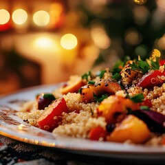 Poster - Close-up of quinoa and roasted vegetables with herbs in a warmly lit dining room setting