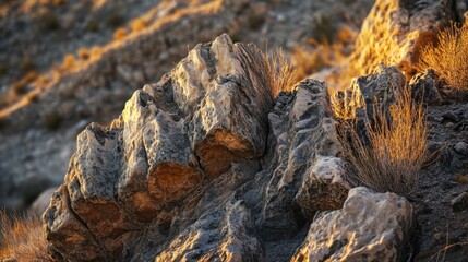 Aufkleber - Close-up view of intricate rock formations in a canyon during golden hour with vibrant textures and sparse vegetation