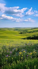 Stunning view of rolling hills and wildflowers on a bright day in the Loess Hills of Iowa