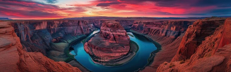 Poster - Stunning sunset over Horseshoe Bend with Colorado River winding through red rock canyons