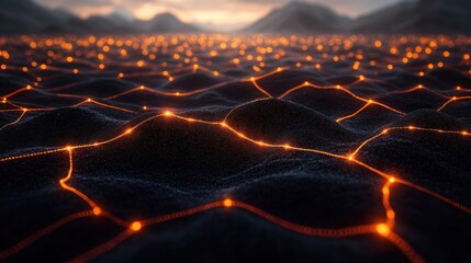 Poster - Abstract landscape with glowing lines on dark terrain.