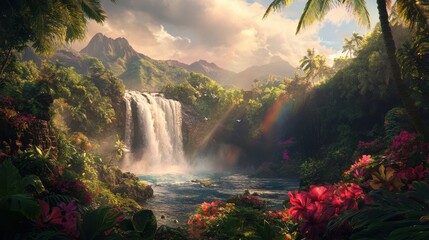 Aufkleber - Stunning Hana waterfalls in Maui surrounded by tropical foliage and a radiant rainbow under a beautiful sky