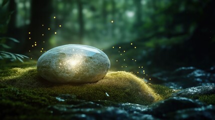 Wall Mural - A glowing stone resting on moss in a serene forest setting.