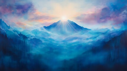 Wall Mural - Remote mountain valley with a river running through it, lush greenery on both sides, and mist hovering over the water under a soft sunrise glow