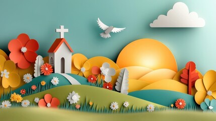 Wall Mural - Serene picturesque landscape with a quaint countryside church surrounded by lush greenery flowers and a dove of peace in the sky conveying a sense of spiritual tranquility and harmony with nature