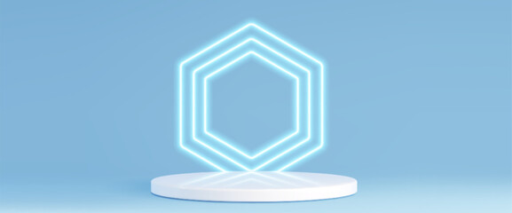 Poster - White circular stage with neon blue hexagonal shapes in light blue studio interior. Glowing nested geometric frame with cylinder podium for medical presentations or health care product showcases.