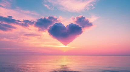 Wall Mural - A beautiful heart-shaped cloud over a serene ocean at sunset.