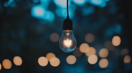 Poster - warm glowing light bulb hanging amidst blurred color lights in a charming outdoor setting at dusk